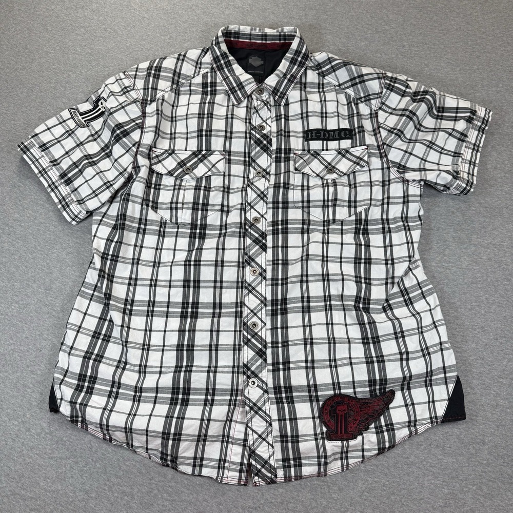 Harley Davidson 2XL Plaid Shirt Mens H-DMC Patch Biker Retro Snap Short Sleeve